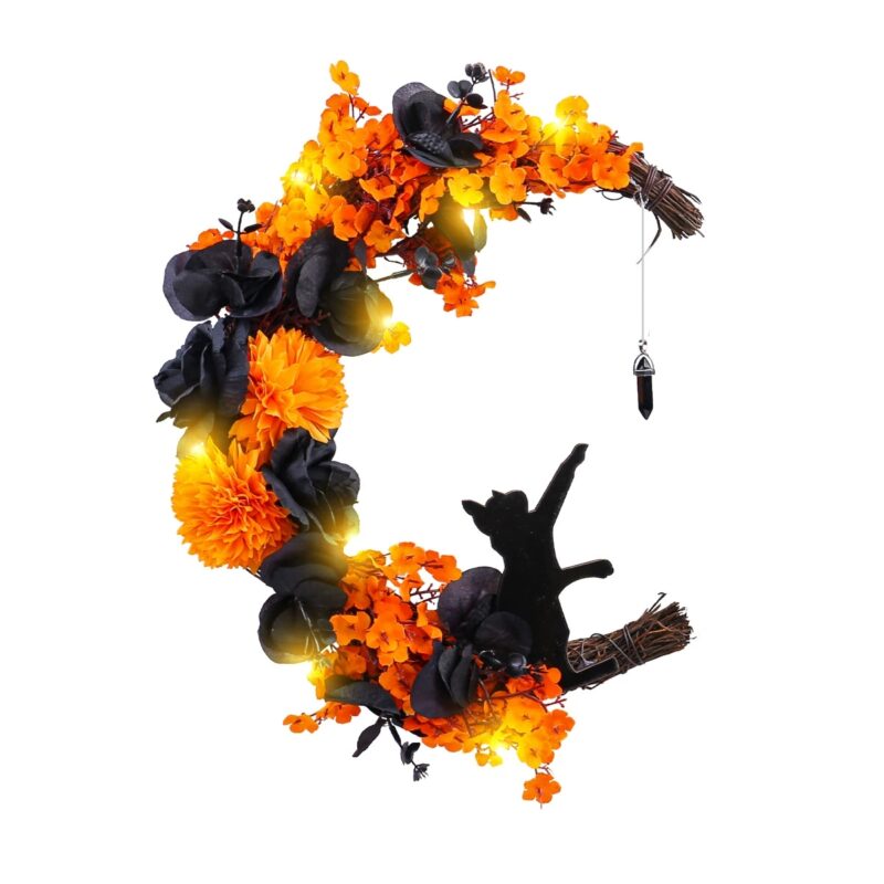 Black Moon Cat Wreath Door Decor